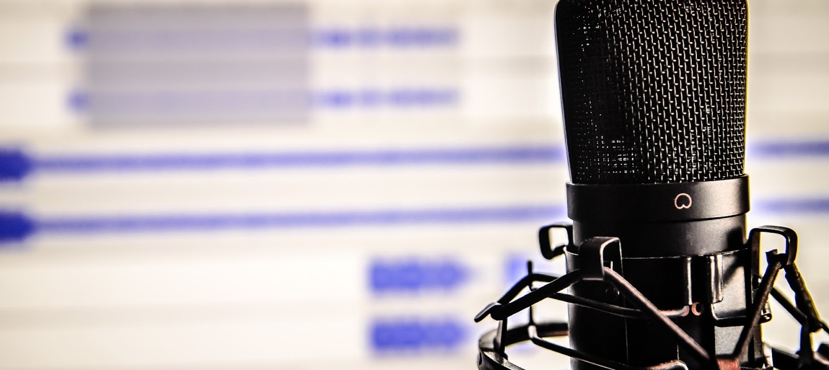Photo of a microphone in front of recording software