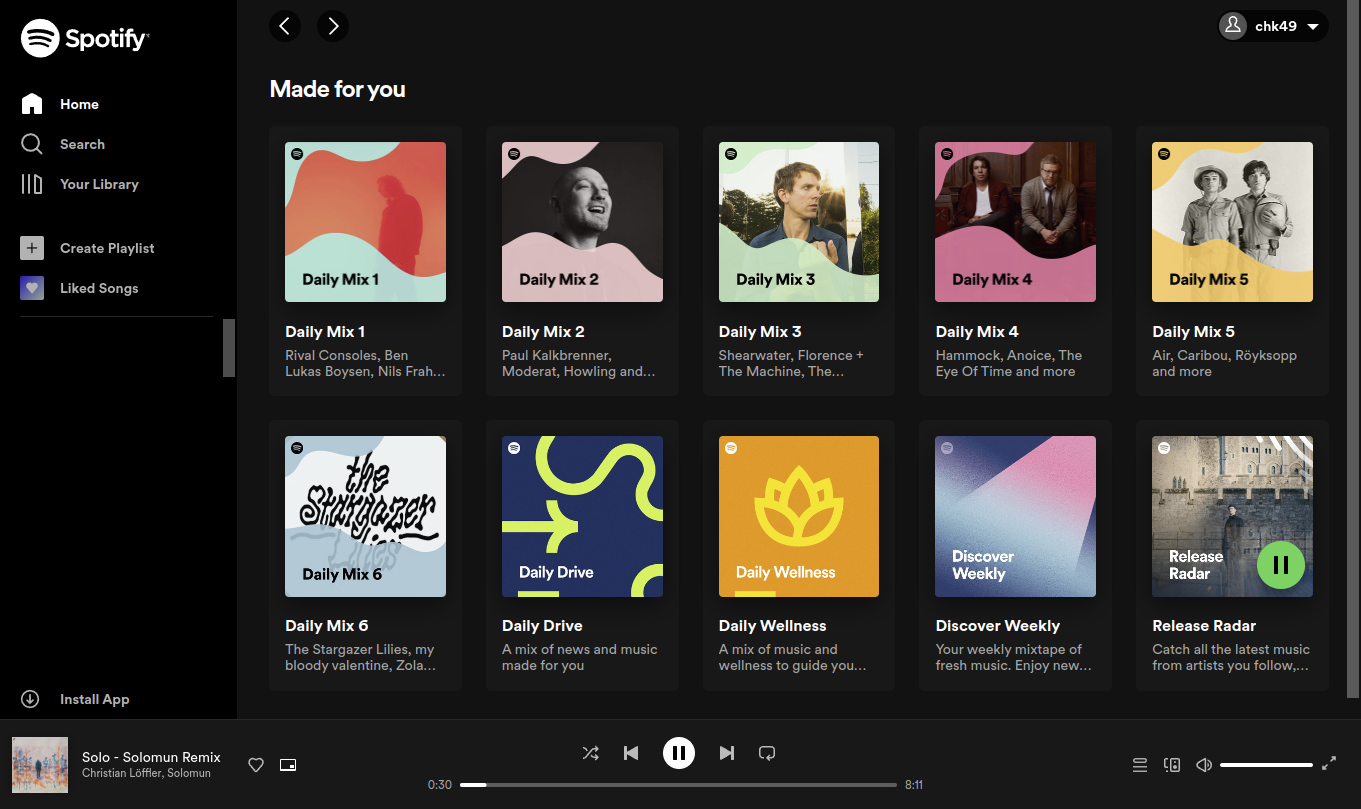 A screenshot of the recommendations made by Spotify showing several personalized mixes with select artists.