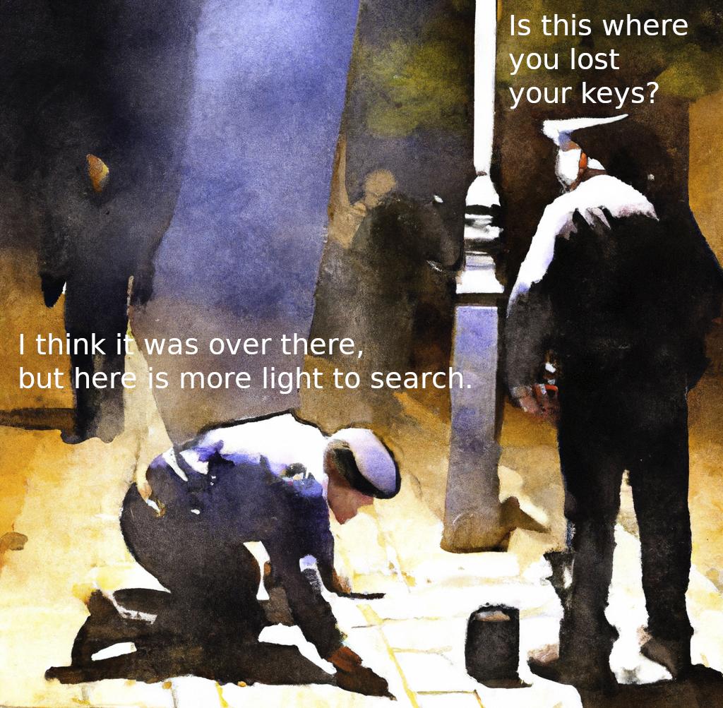 A drawing of a man kneeling down on the ground near a streat lamp, seemingly searching for something. A police officer stands nearby, observing the situation, asking "Is this where you lost your keys" whereas the first man replies "I think it was over there, but here is more light to search"