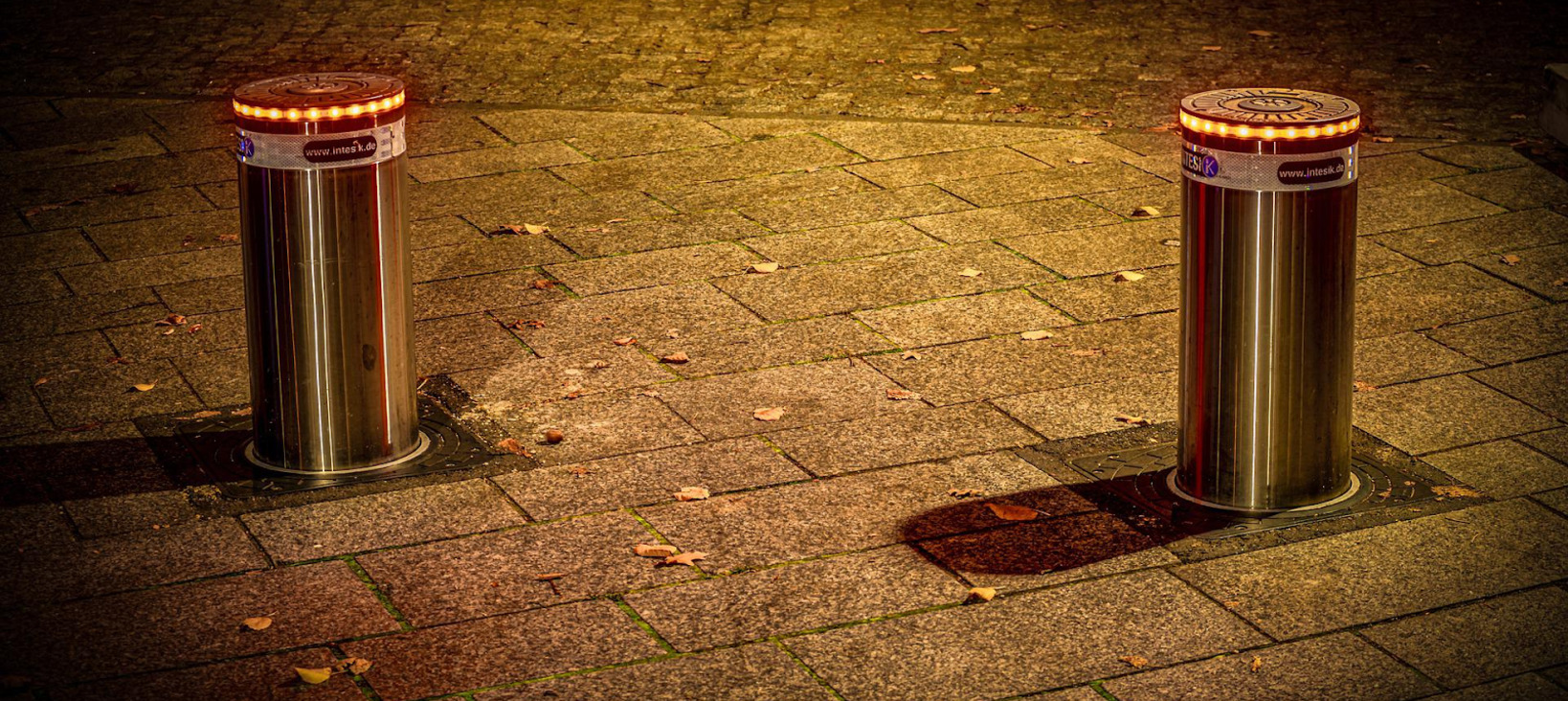 A photo of two bollards in a sidewalk at night.