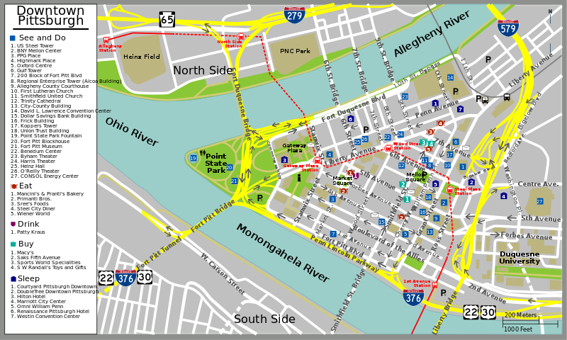 A simple map of Pittsburgh downtown pointing out various tourist attractions.