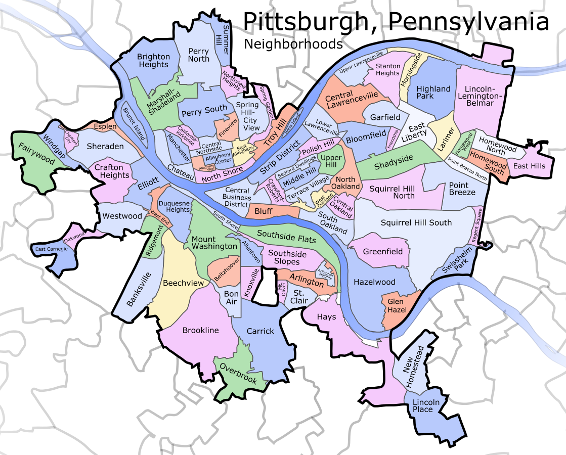 A map of Pittsburgh showing and naming various neighborhoods
