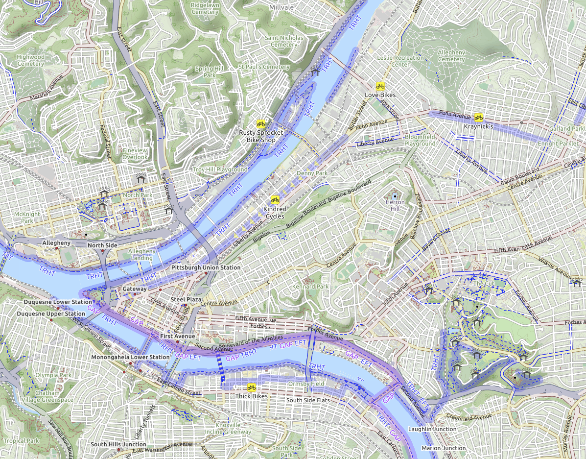 A cycling map of Pittsburgh with a detailed view of streets and cycle paths
