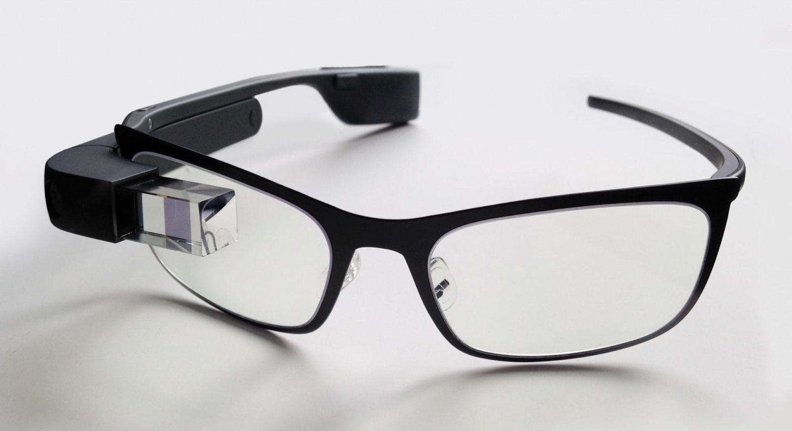 A photo of glasses with a small computer and lens attached