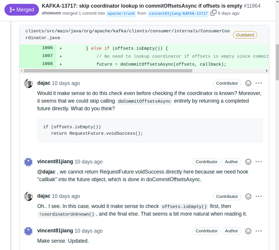 A screenshot of a code review dialog on GitHub showing comments on a snippet of code with a subsequent discussion between two GitHub users.