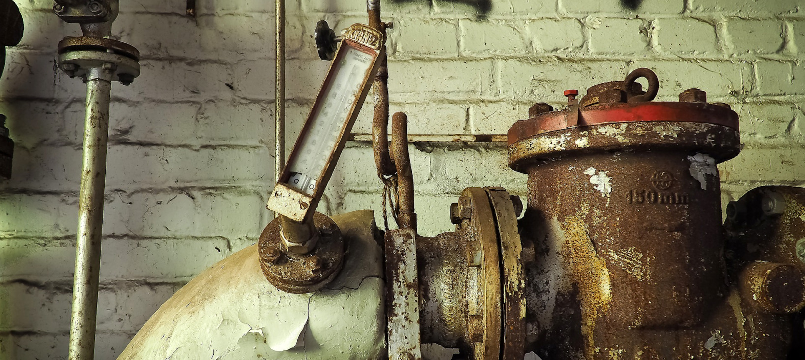 Photo of a thick, rusty old pipe seemingly in a basement or industrial site.