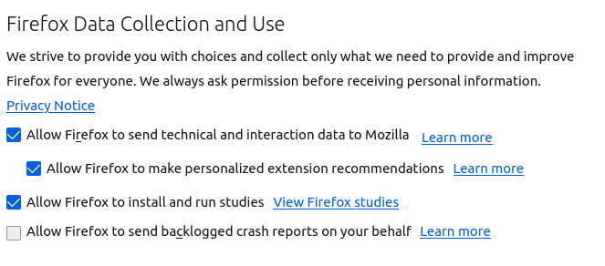 A screenshot of a settings window of the Firefox browser labeled "Data Collection and Use" where the user can select from four checkboxes what information Firefow may send, including "Allow Firefox to install and run studies".