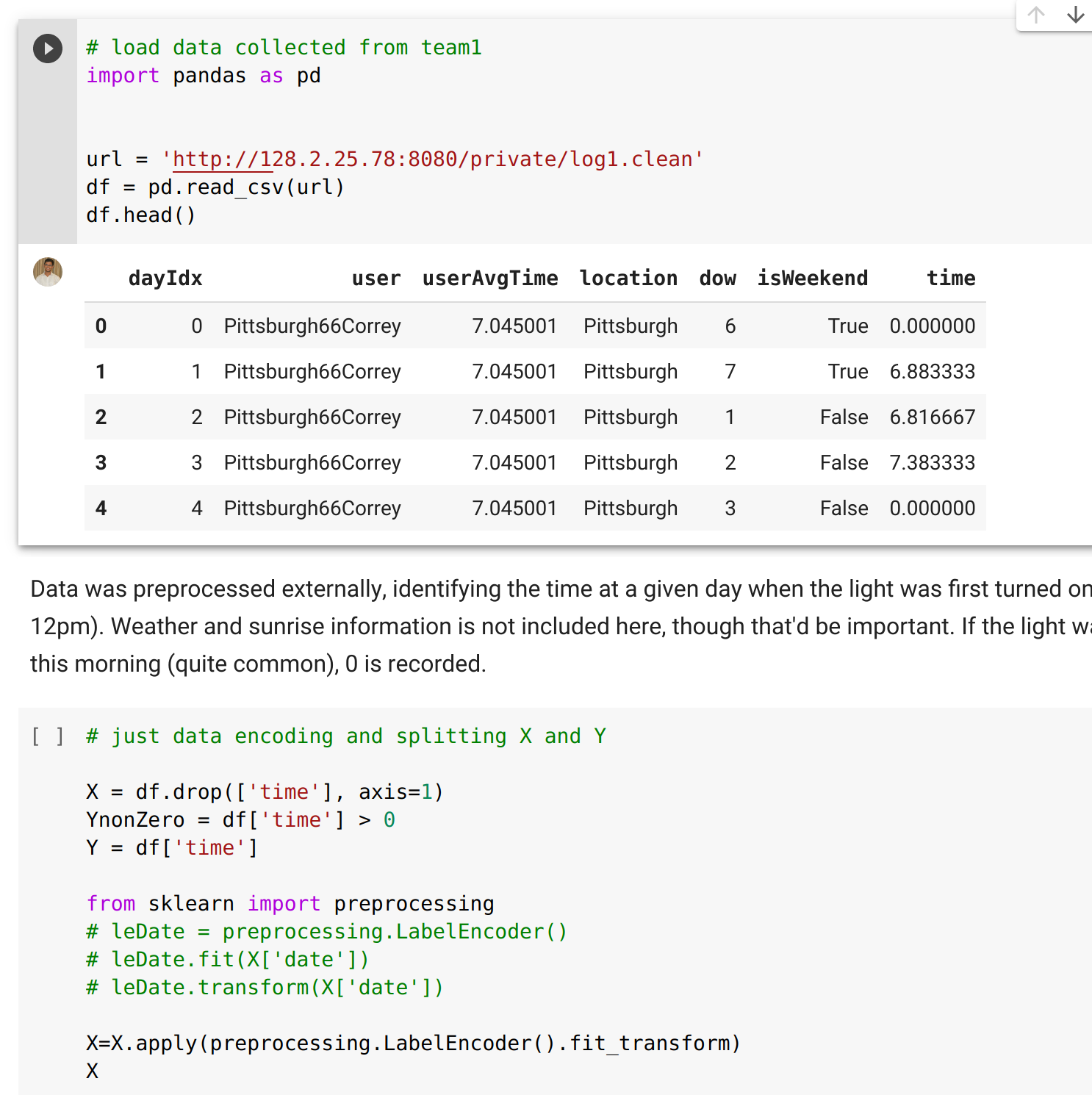 A screenshot of a Jupyter notebook with two code cells separated by a text cell and a table showing the result of the first cell.