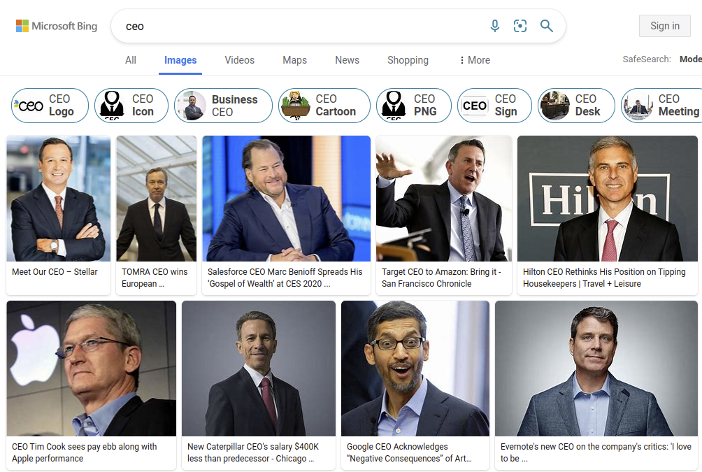 A screenshot of the search result of Bing photo search for the query "ceo" showing nine results of white men in suites.
