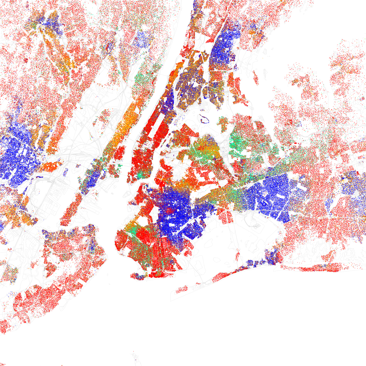 A map of the New York City area drawn from individual dots in different colors. The island of Manhatten is mostly composed of red dots with a green cluster near the south and a larger area with blue and orange dots in the north. Other areas have larger clusters of primarily blue, orange, and red dots.