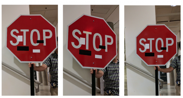 Three photos of a stop sign on a post held by a person inside a building. Photo shows the stop sign from a slightly different angle. The stop sign has two white and two black stickers of the size of a postit note taped to it but it is still clearly recognizable as a stop sign.